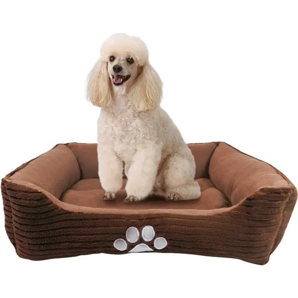 Pet Bed, Reversible Rectangle with Dog Paw Printing, Coffee, 25 by 21 inches